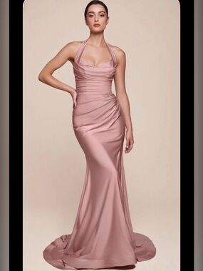 Satin Fitted Long Halter Slit Dress by Ladivine